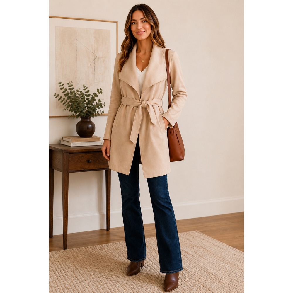 Chic Luxury Minimalist Faux Suede Waterfall Trench Coat Belted Beige Sz L